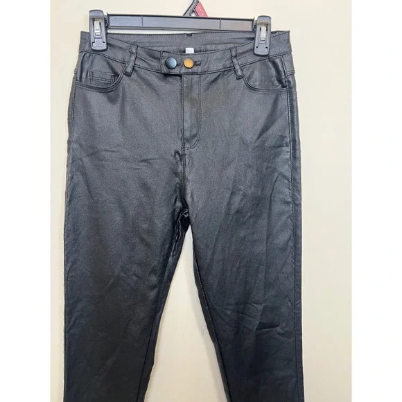 Black Coated Faux Leather High Rise Skinny Pants Double Button Stretch L - Picture 4 of 12